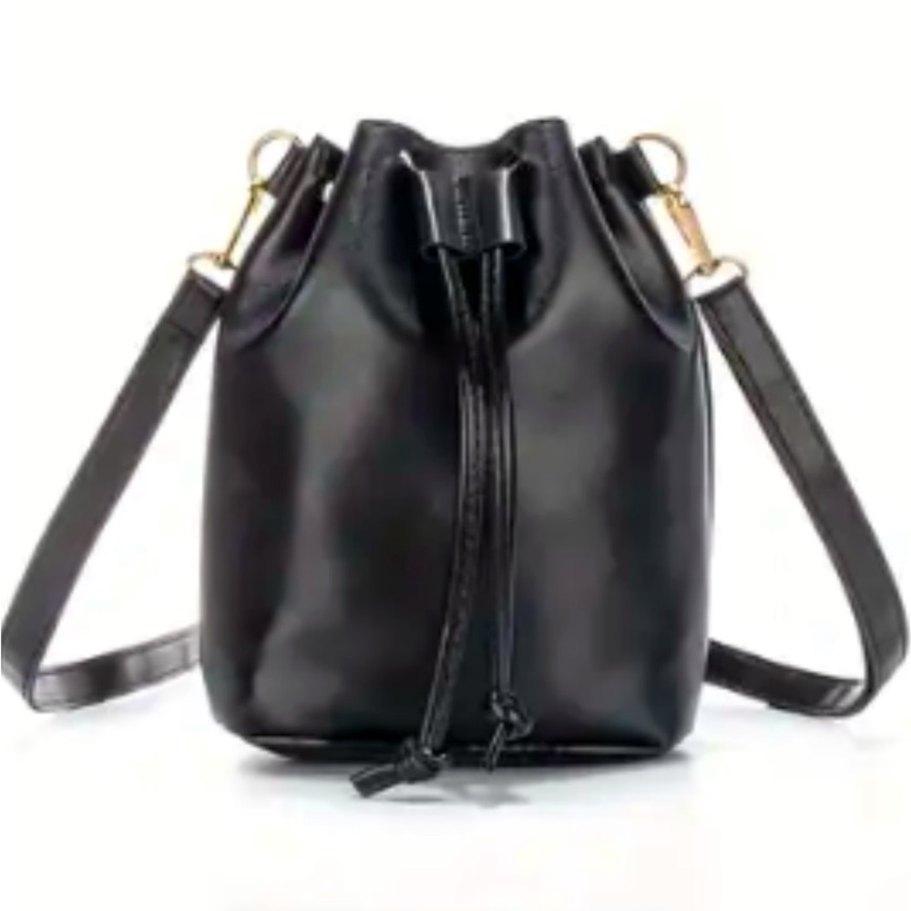 New - Chic PU Leather Bucket Bag - Solid Black